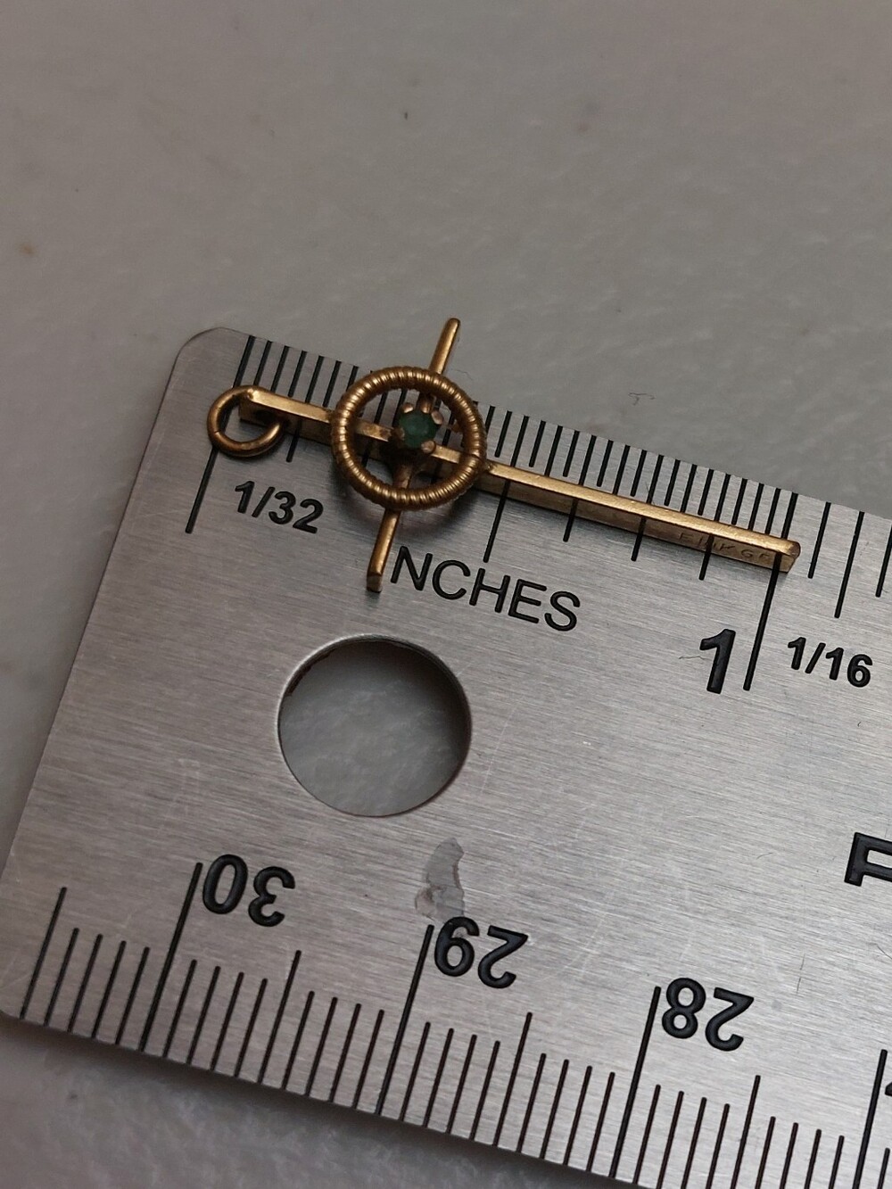 14K GF Yellow Gold Filled Cross Pensant With Tiny Green Stone - Picture 6 of 6